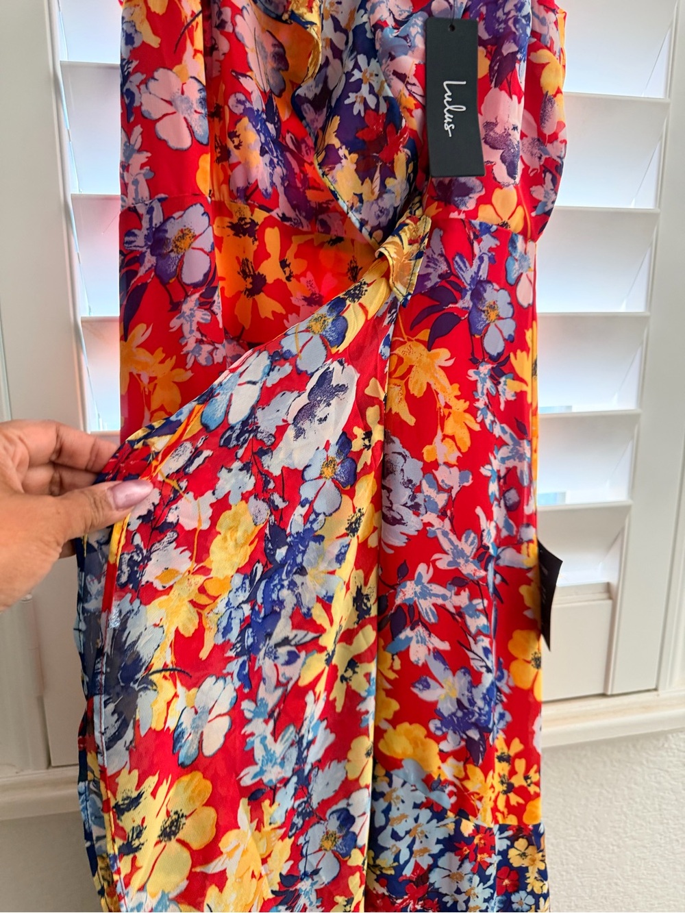 Lulu's Red Floral Wrap Dress with Yellow & Blue Blooms - Picture 6 of 8